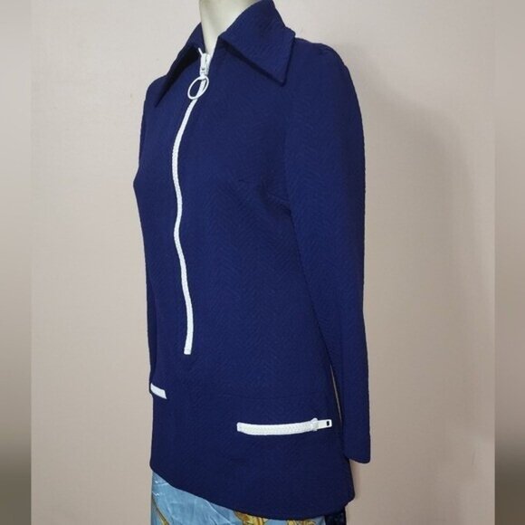 VTG 60s Vana Crimplene Mod Jacket | Cobalt Blue White Trim Zip Front Ring Pull - Picture 7 of 9